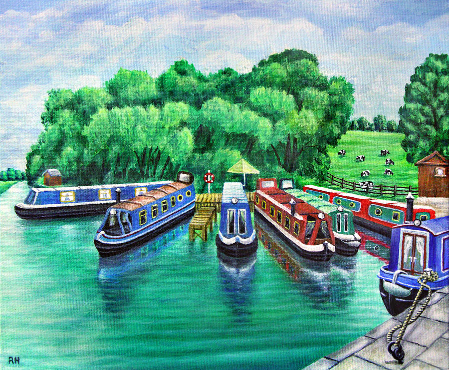 Canal Boats Painting -  Riley Green Canal Boats by Ronald Haber