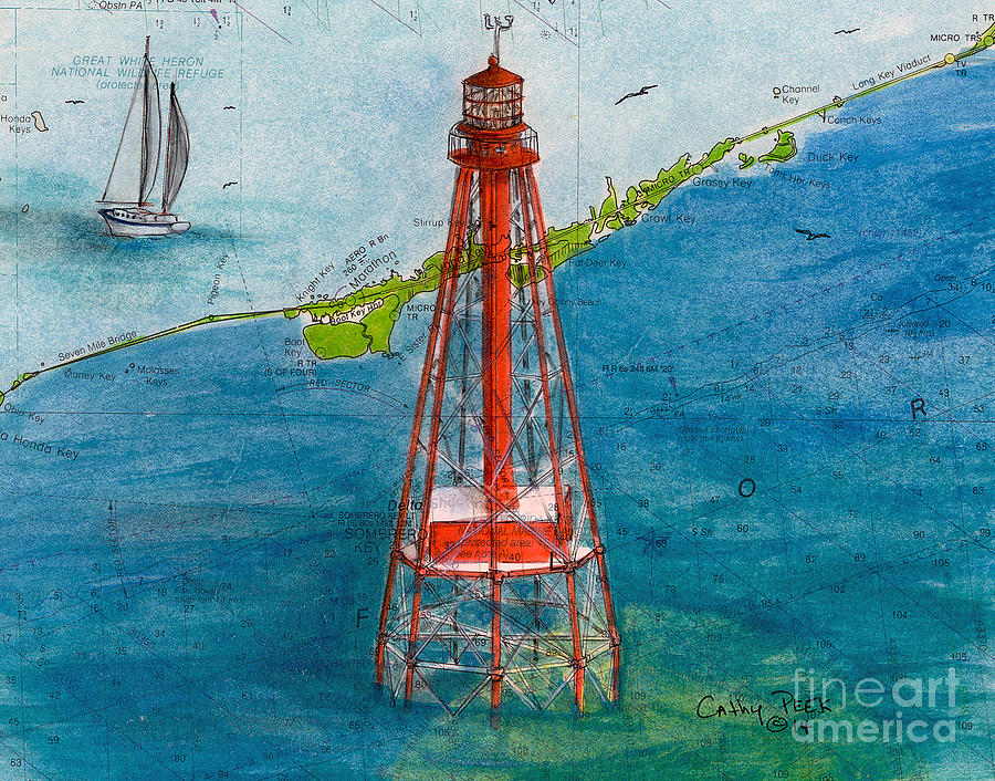 Key Painting -  Sombrero Key Lighthouse FL Chart Art Cathy Peek  by Cathy Peek