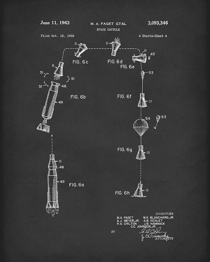  Space Capsule 1963 Patent Art Black Drawing by Prior Art Design
