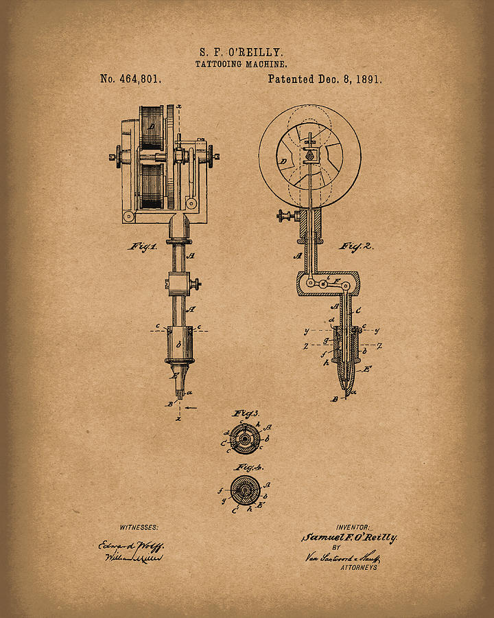  Tattoo Machine 1891 Patent Art Brown Drawing by Prior Art Design