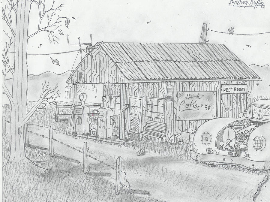 Old Gas Station Drawing -  The Lost In Time Gas Station by Gerald Griffin