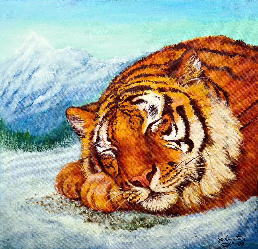Football Painting -  Tiger Sleeping in Snow by Bob and Nadine Johnston