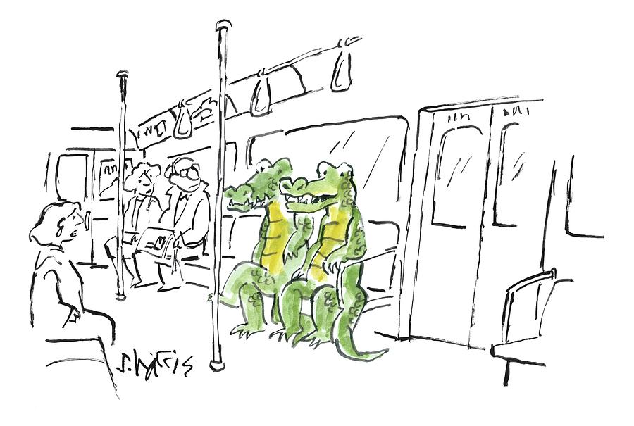  Two Alligators Ride The Subway Drawing by Sidney Harris