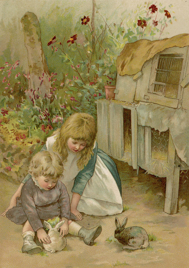 Two Children With Their Pet Rabbits Drawing by Mary Evans Picture ...