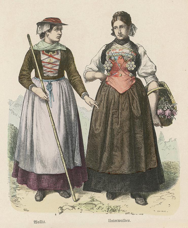 Two Swiss Peasant Women In Traditional Drawing by Mary Evans Picture ...