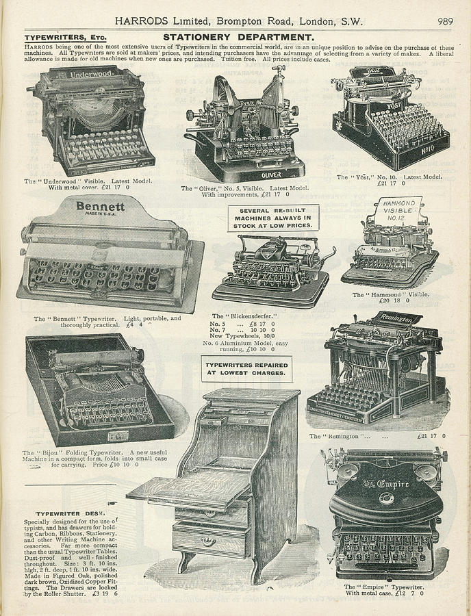 Typewriters Drawing -  Various Models Of Typewriter by Mary Evans Picture Library