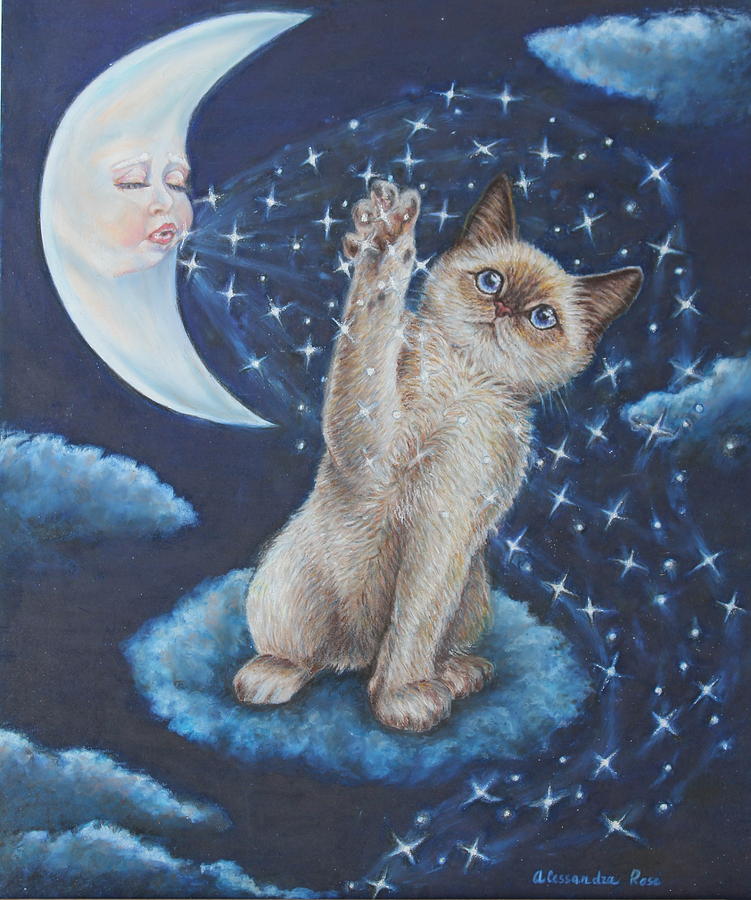 Fantasy Cat  Art Reaching For The Stars Painting by 