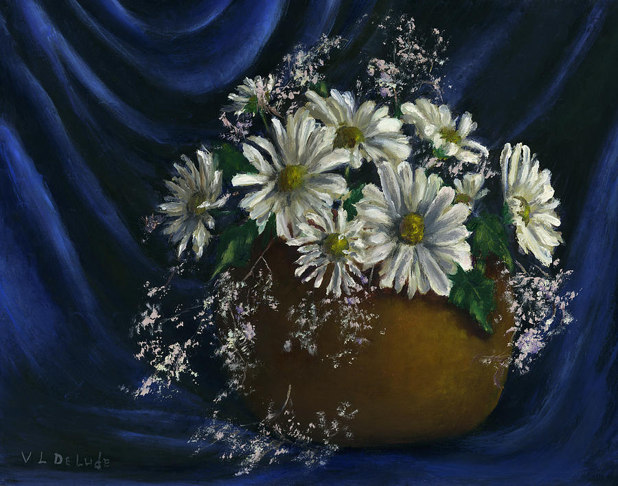  White Daisies In Blue Fabric Still Life Art Painting by Lenora  De Lude