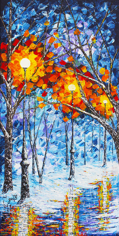  Silence Winter Night Light Reflections original palette knife painting Painting by Georgeta Blanaru
