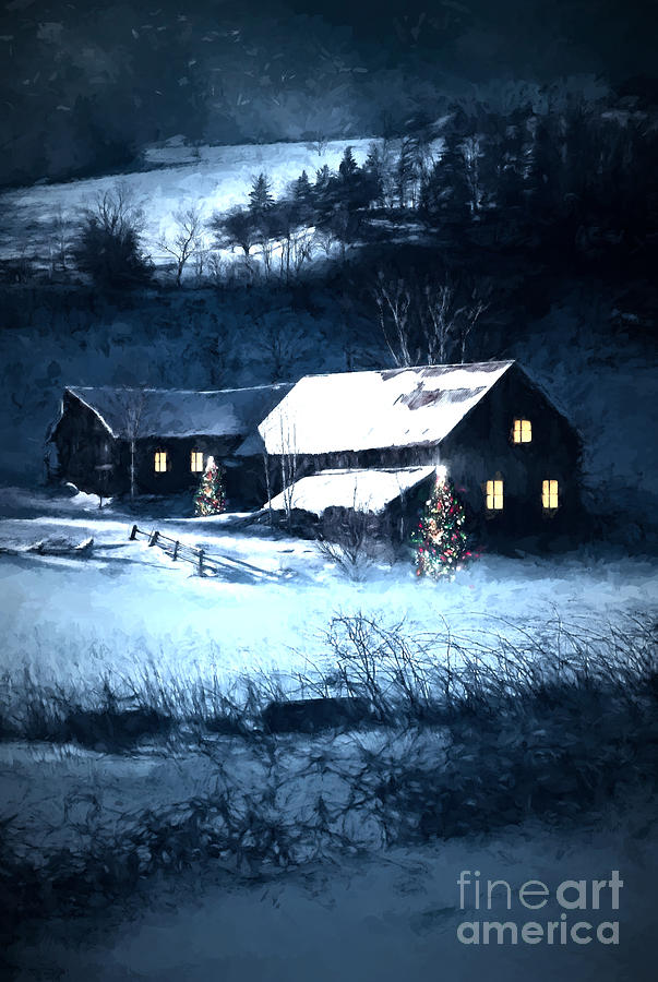 Snow scene of a farmhouse at night/ digital painting Photograph by Sandra Cunningham