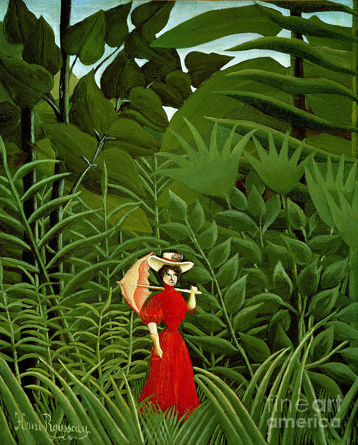 Henri Rousseau Painting -  Woman in Red in the Forest by Henri Rousseau