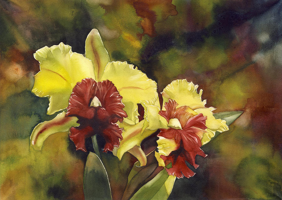  yellow and red Cattleya Orchids Painting by Alfred Ng