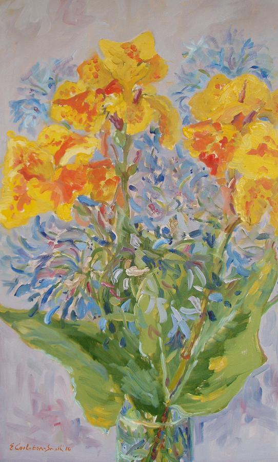  Yellow Cannas and Agapanthus Painting by Elinor Fletcher