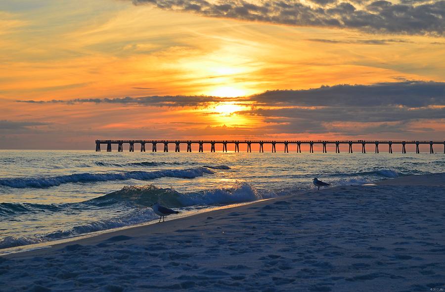 0108 Sunset Colors over Navarre Pier on Navarre Beach with Gulls Photograph by Jeff at JSJ Photography