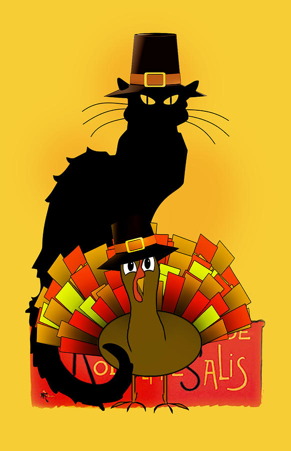 Thanksgiving Digital Art -  Thanksgiving Le Chat Noir With Turkey Pilgrim #2 by Gravityx9   Designs