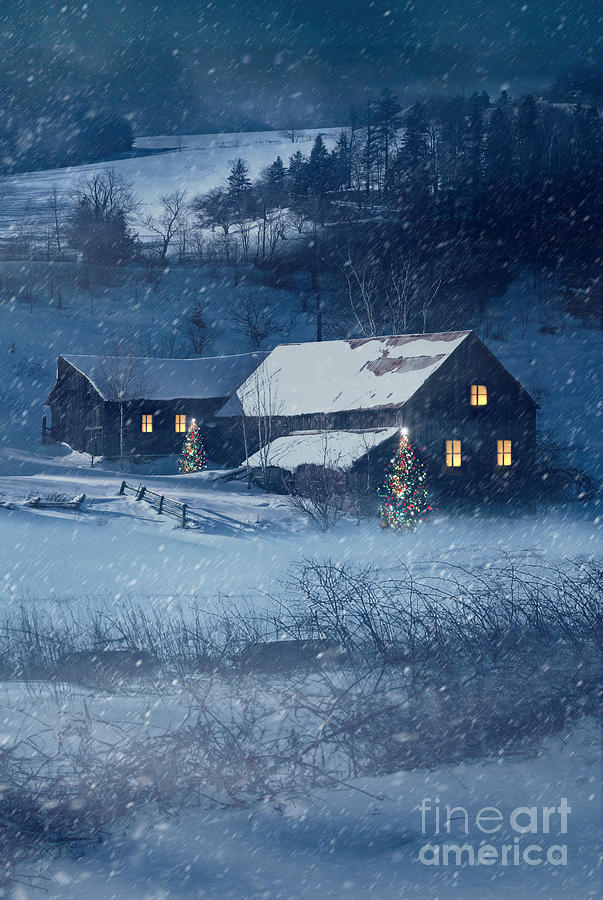  Winter snow scene of a farmhouse at night #1 Photograph by Sandra Cunningham