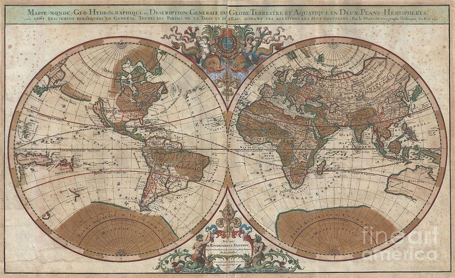 1691 Sanson Map of the World on Hemisphere Projection Photograph by Paul Fearn