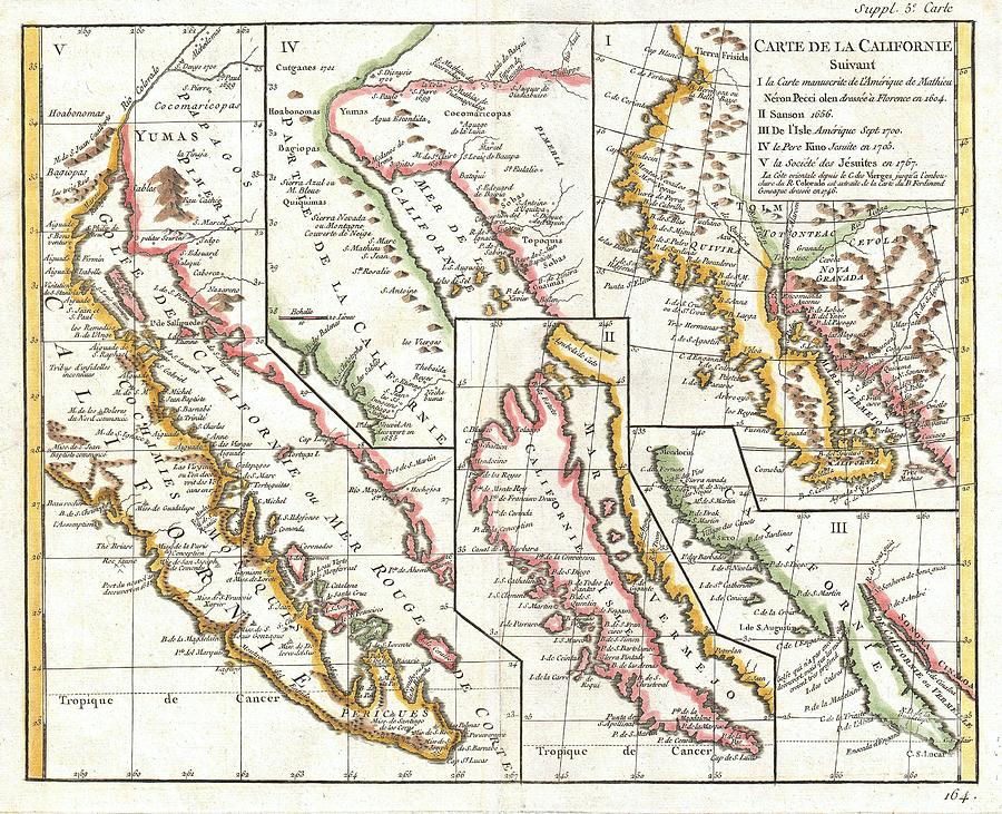 1772 Vaugondy  Diderot Map of California in five states California as Island Photograph by Paul Fearn