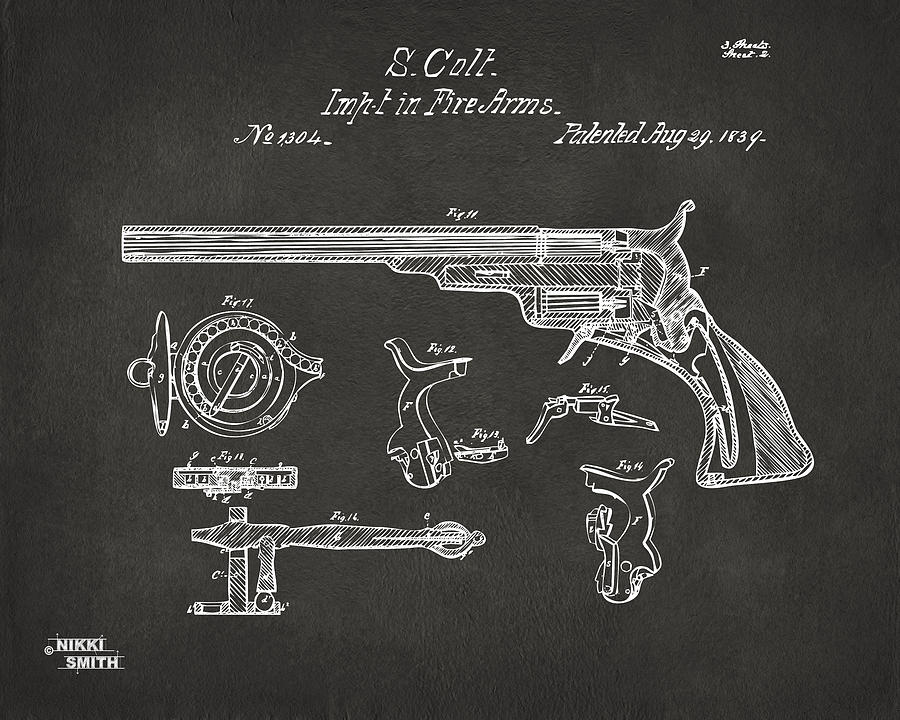 1839 Colt Fire Arm Patent Artwork - Gray Digital Art by Nikki Marie Smith