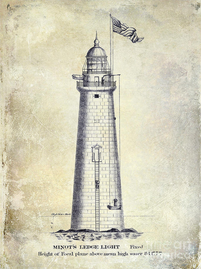 1852 Drawing - 1852 Minots Ledge Lighthouse  #3 by Jon Neidert