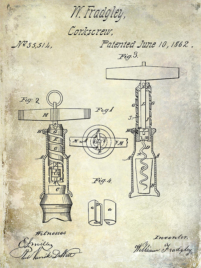 Wine Photograph - 1862 Corkscrew Patent Drawing #2 by Jon Neidert
