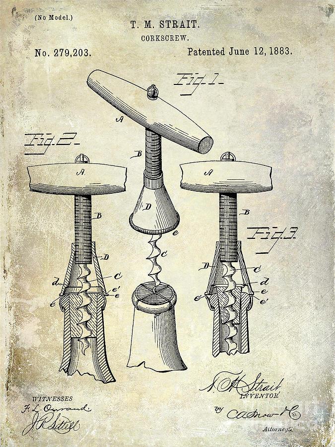 1883 Corkscrew Patent drawing Photograph by Jon Neidert