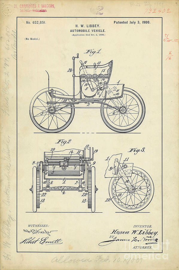 1900 Automobile Patent Drawing #3 Photograph by Jon Neidert