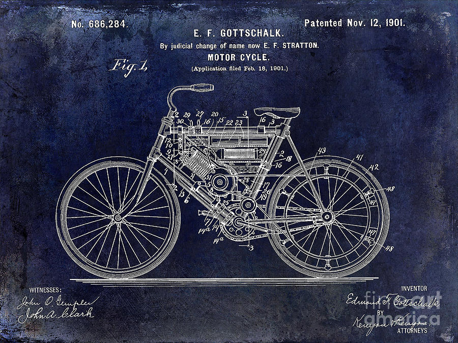 1901 Motorcycle Patent Drawing Blue Photograph by Jon Neidert