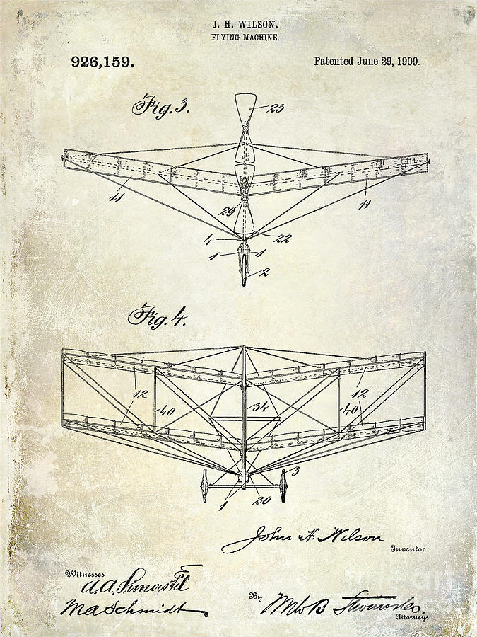 Airplane Drawing - 1909 Flying Machine Patent Drawing  by Jon Neidert