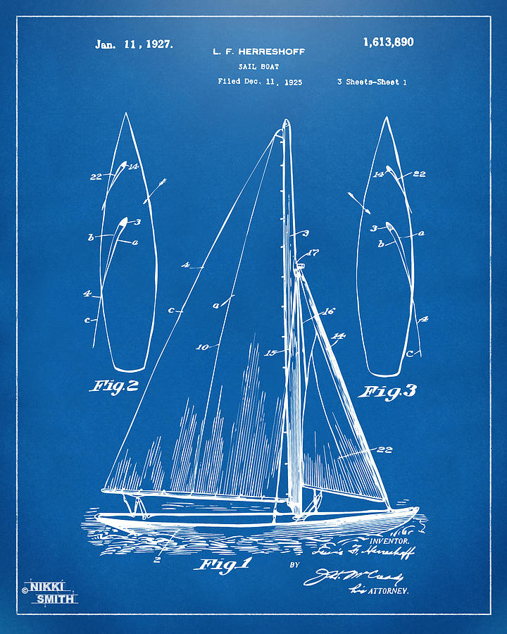 1927 Sailboat Patent Artwork - Blueprint Digital Art by Nikki Marie Smith