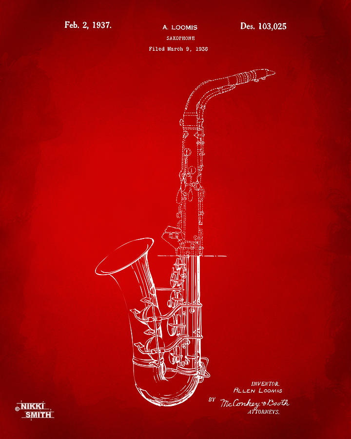 1937 Saxophone Patent Artwork - Red Drawing by Nikki Marie Smith