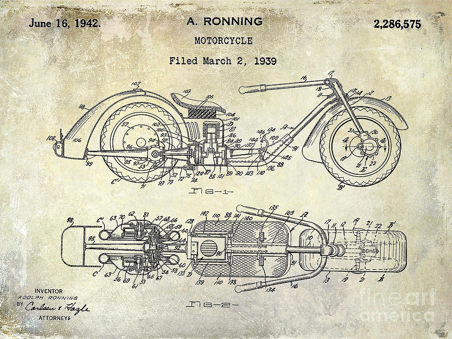 1939 Motorcycle Patent Drawing Photograph by Jon Neidert