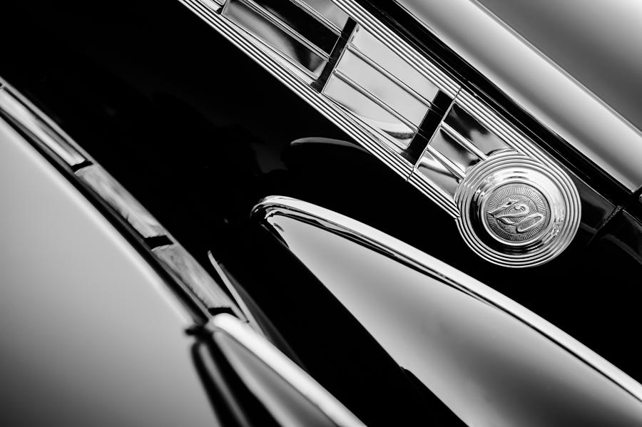 Black And White Photograph - 1940 Packard 120 Convertible Sedan Side Emblem by Jill Reger
