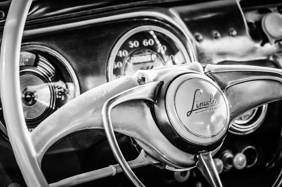 Black And White Photograph - 1941 Lincoln Continental Coupe Steering Wheel Emblem -0858c by Jill Reger