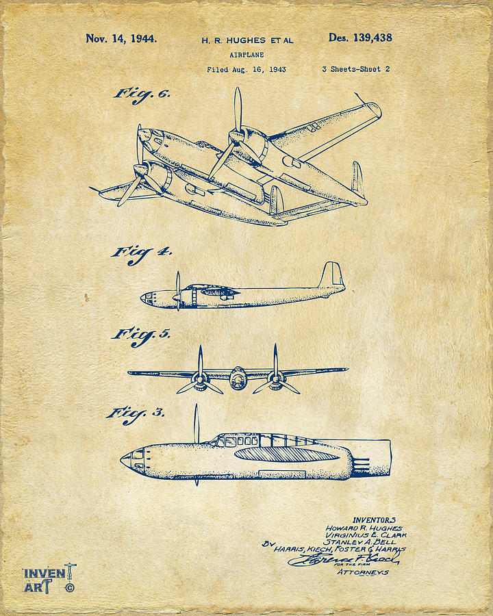 Howard Hughes Airplane Patent Print Patent Art Print PH474 #m patent art Howard Hughes Airplane Plane Patent Poster