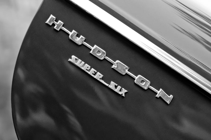 Black And White Photograph - 1946 Hudson Big Boy Super Six Pickup Truck Emblem by Jill Reger