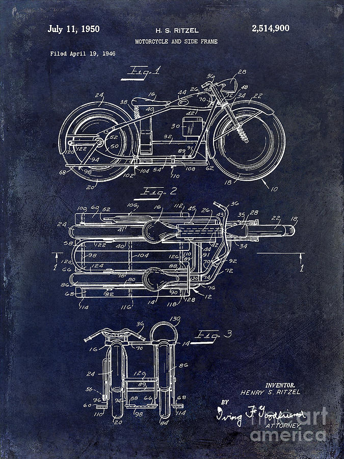 1950 Motorcycle Patent Drawing Blue Photograph by Jon Neidert