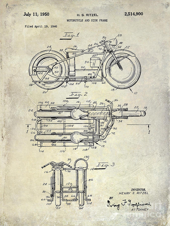 1950 Motorcycle Patent Drawing Photograph by Jon Neidert