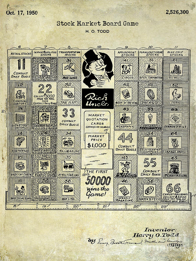 Monopoly Photograph - 1950 Stock Market Game Patent Drawing Blue by Jon Neidert