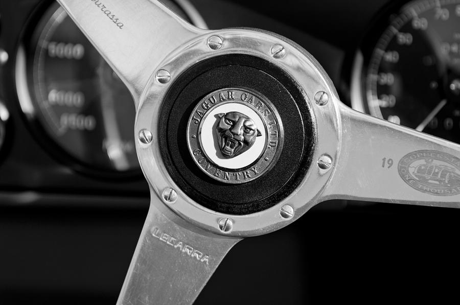 Black And White Photograph - 1951 Jaguar Steering Wheel Emblem by Jill Reger