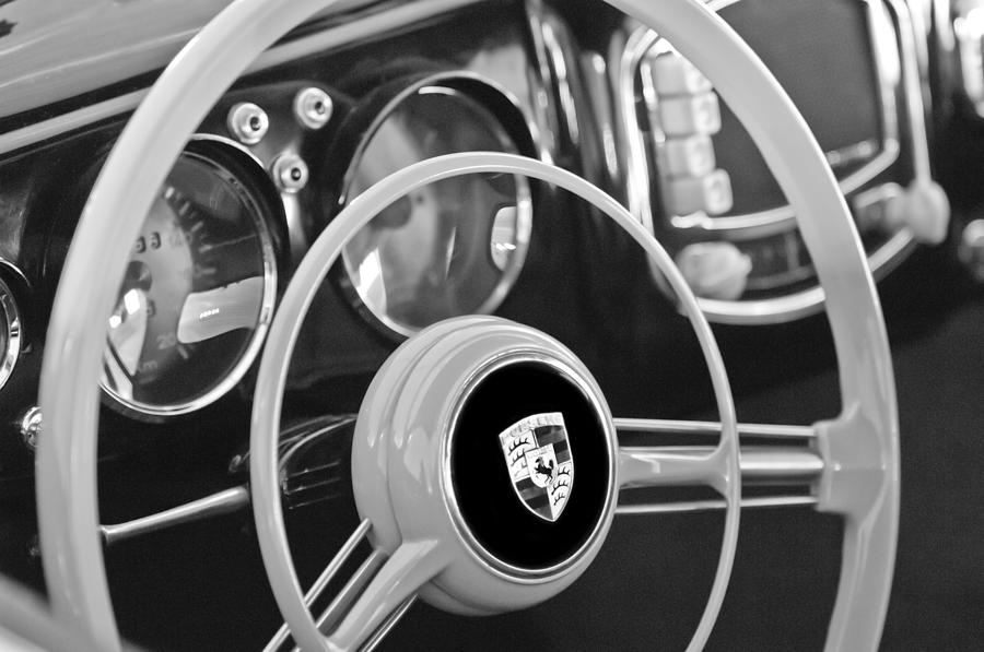 Black And White Photograph - 1954 Porsche 356 Bent-Window Coupe Steering Wheel Emblem by Jill Reger