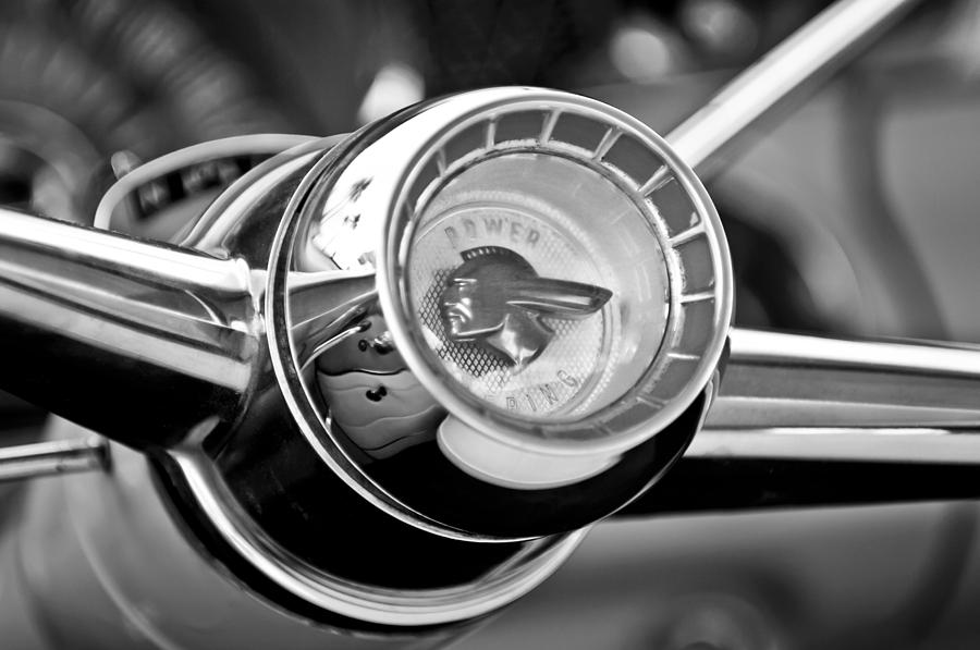 Black And White Photograph - 1955 Pontiac Safari Steering Wheel Emblem by Jill Reger