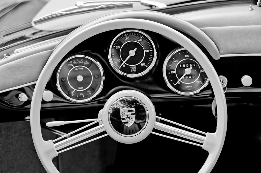Black And White Photograph - 1956 Porsche 356 A Speedster Steering Wheel Emblem by Jill Reger