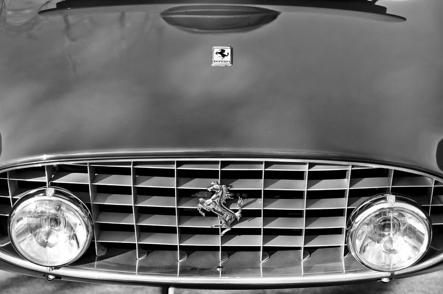Black And White Photograph - 1957 Ferrari 410 Superamerica Coupe Grille Emblem by Jill Reger
