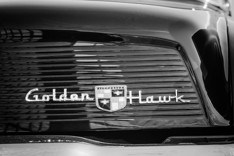 Black And White Photograph - 1957 Studebaker Golden Hawk Supercharged Sports Coupe Emblem by Jill Reger