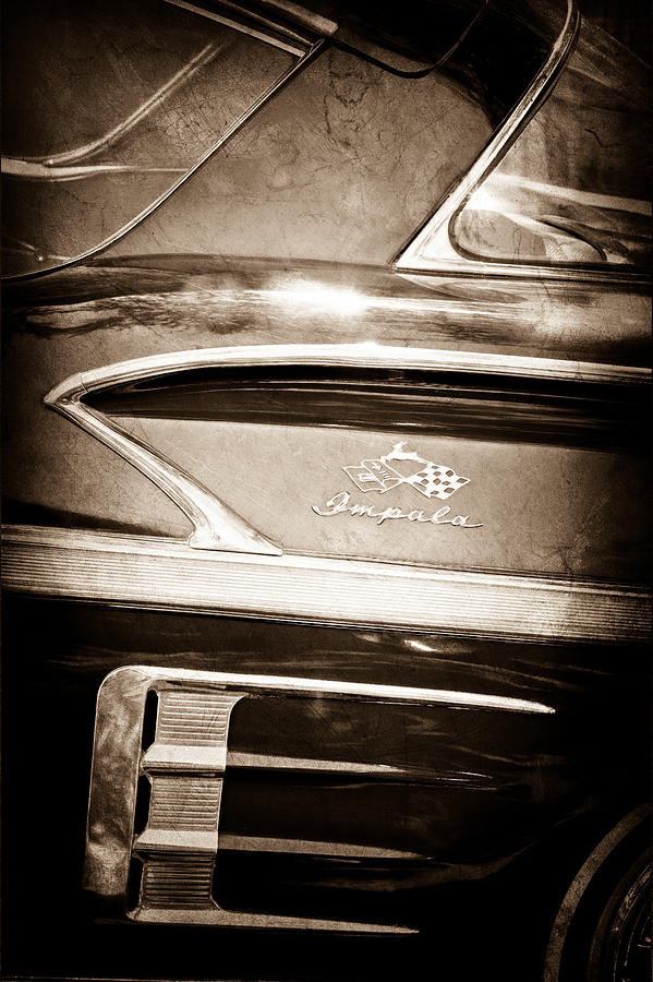 Old Cars Photograph - 1958 Chevrolet Impala Side Emblem by Jill Reger Old Cars Photograph - 1958 Chevrolet Impala Side Emblem by Jill Reger