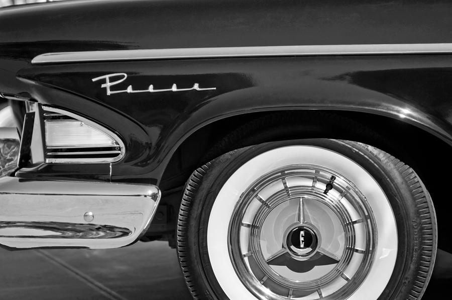 Black And White Photograph - 1958 Edsel Pacer Wheel Emblem by Jill Reger