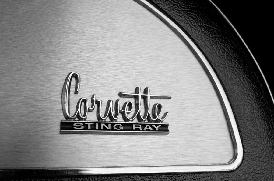 Black And White Photograph - 1967 Chevrolet Corvette Glove Box Emblem by Jill Reger