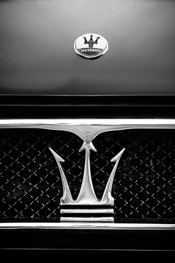 Black And White Photograph - 1967 Maserati Ghibli Grille Emblem #2 by Jill Reger