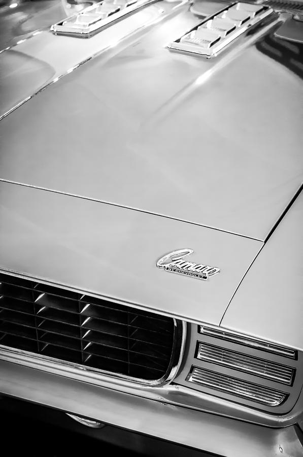 Black And White Photograph - 1969 Chevrolet Camaro 396 RS SS L89 Hood Emblem by Jill Reger